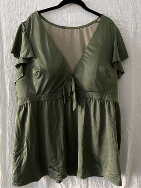 Olive Green Flutter Sleeve Tie-Front Top